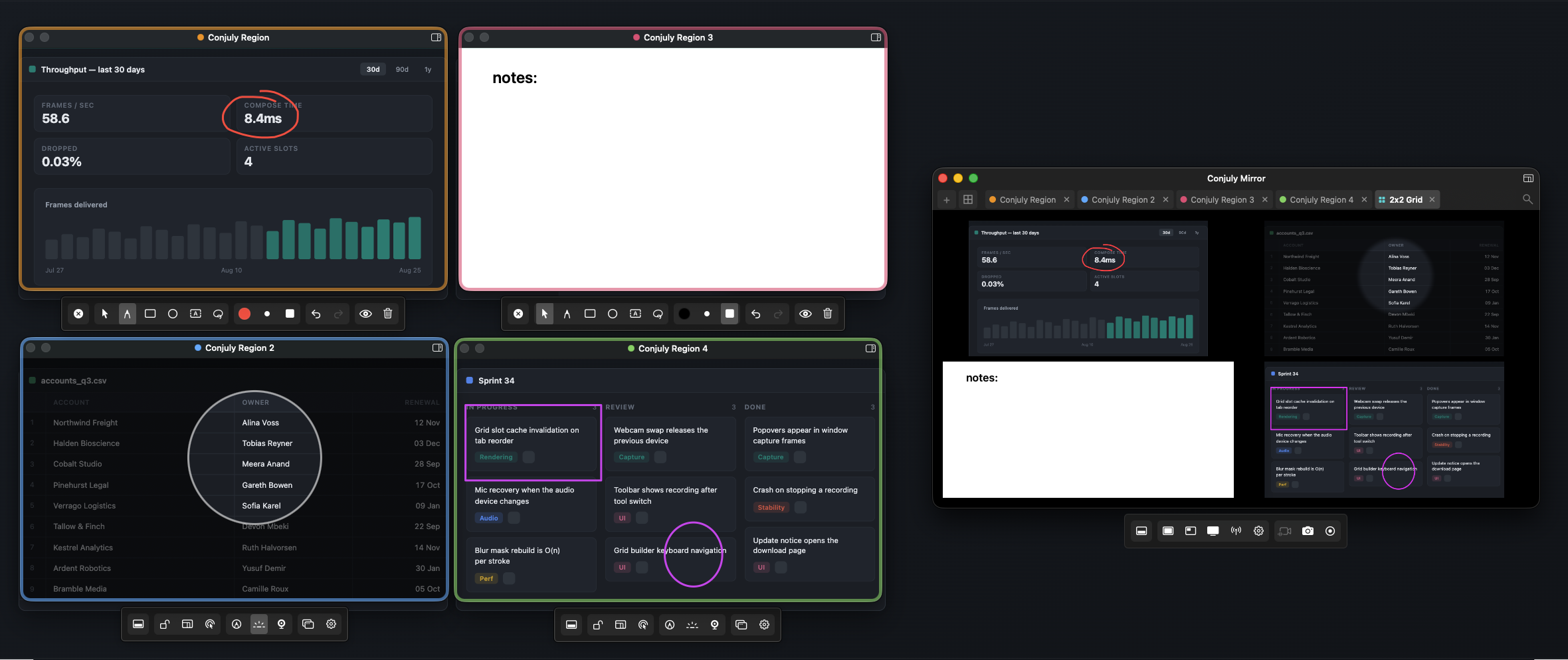 Annotations and spotlight drawn across regions, shown live in the mirror