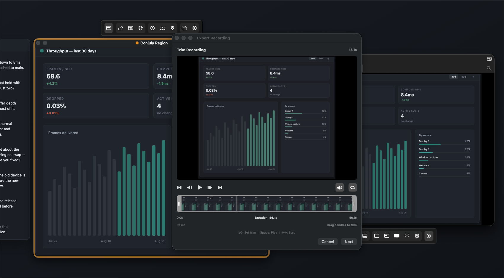 Trimming a recording in the built-in export editor